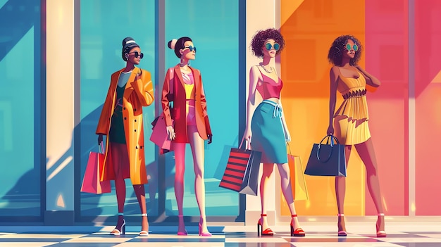 Cuatro mujeres jóvenes de moda con diferentes tonos de piel están de pie frente a un fondo colorido