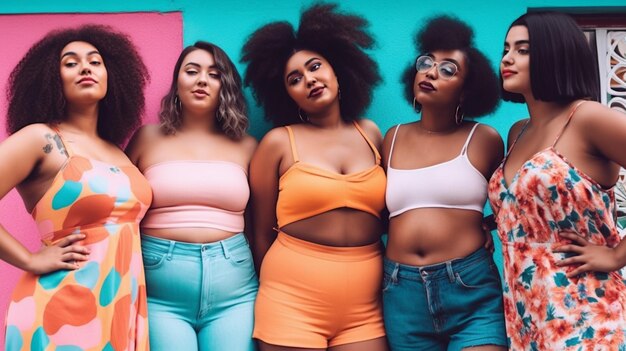 Cuatro mujeres de naranja, una de las cuales lleva un conjunto azul y rosa.