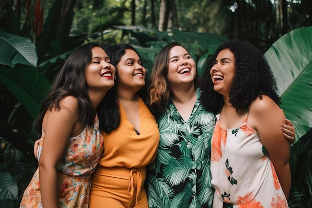 Cuatro mujeres ríen y ríen en el bosque.