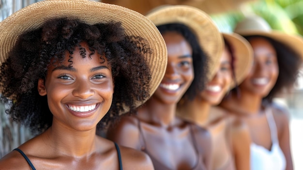 Foto cuatro mujeres con sombreros de sol sonriendo a la cámara al aire libre