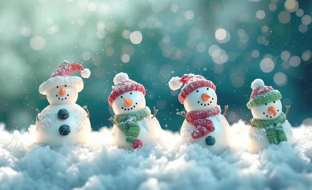 Cuatro muñecos de nieve felices disfrutando de un día de invierno nevado