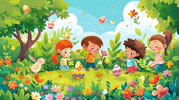 Cuatro niños están jugando en un campo de flores están rodeados de coloridas flores y mariposas un conejo está saltando por