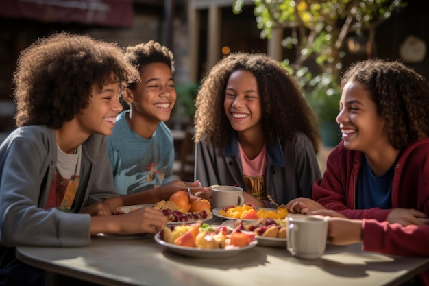 Foto cuatro niños felices desayunando juntos