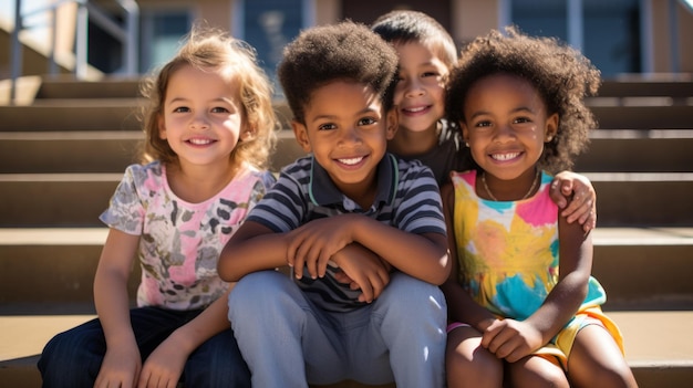 Cuatro niños felices sentados en los escalones