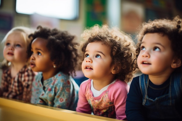 Cuatro niños mirando a su maestra