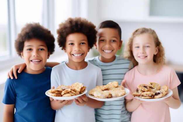 Foto cuatro niños pequeños de diferentes etnias sonriendo alrededor de una gran pizza