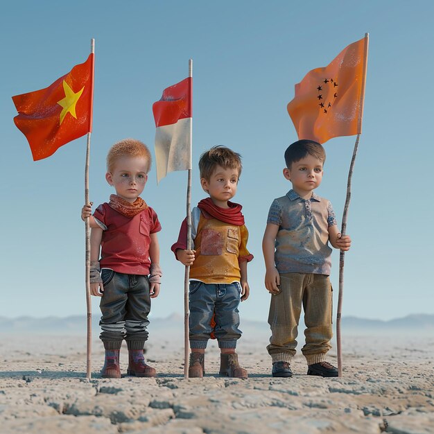 Foto cuatro niños pequeños de pie en un desierto con banderas en el medio de ellos