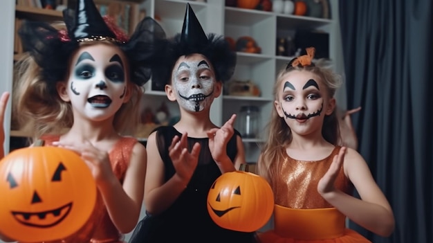 Cuatro niños posan para la cámara vestidos con atuendos de carnaval y maquillaje espeluznante IA generativa