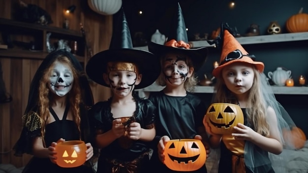 Cuatro niños posan para la cámara vestidos con atuendos de carnaval y maquillaje espeluznante IA generativa