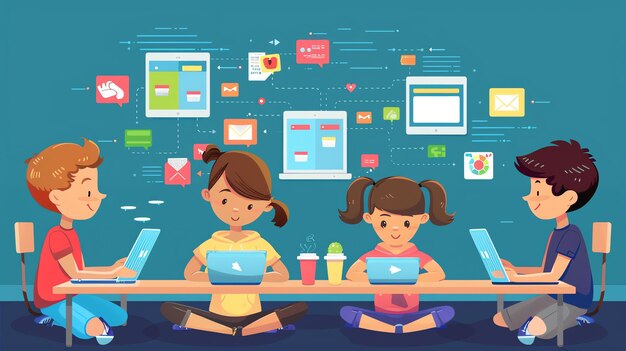 Cuatro niños se sientan en una mesa usando portátiles y tabletas una variedad de iconos de aplicaciones están flotando por encima de ellos