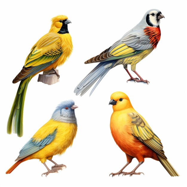 Foto cuatro pájaros de diferentes colores están de pie en una rama generativa ai