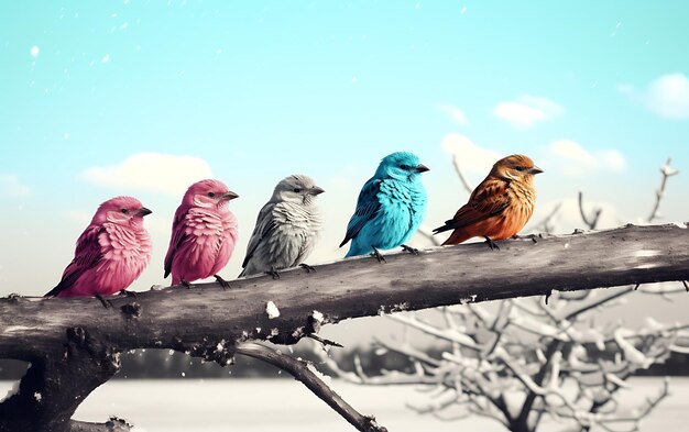 Foto cuatro pájaros peludos de colores