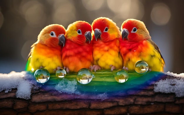 cuatro pájaros peludos de colores