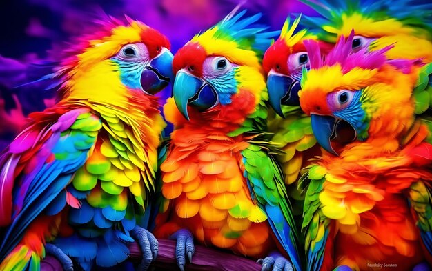 Foto cuatro pájaros peludos de colores