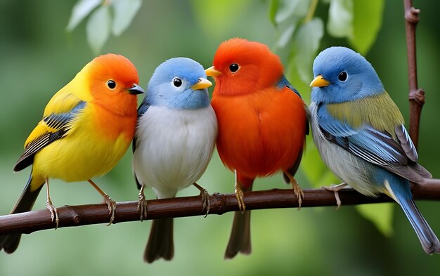 Foto cuatro pájaros peludos de colores