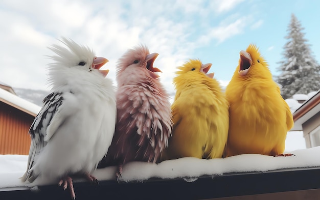 Foto cuatro pájaros peludos de colores