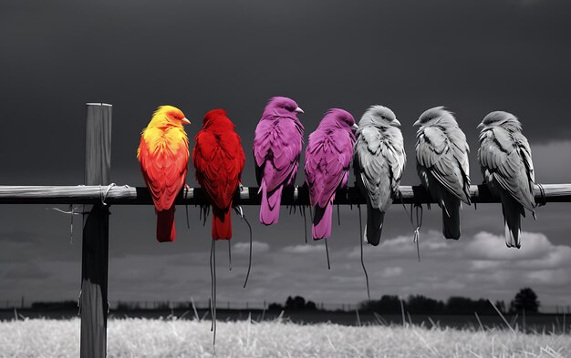 Foto cuatro pájaros peludos de colores