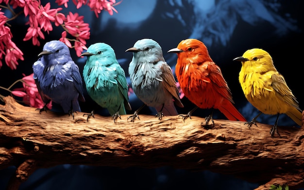 Foto cuatro pájaros peludos de colores