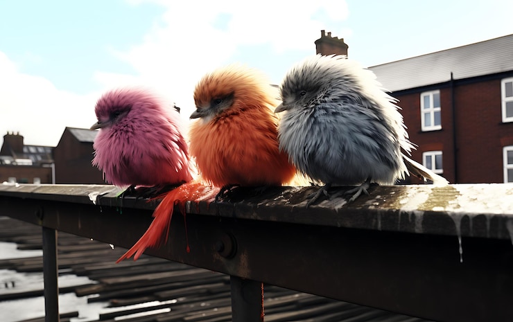 Foto cuatro pájaros peludos de colores