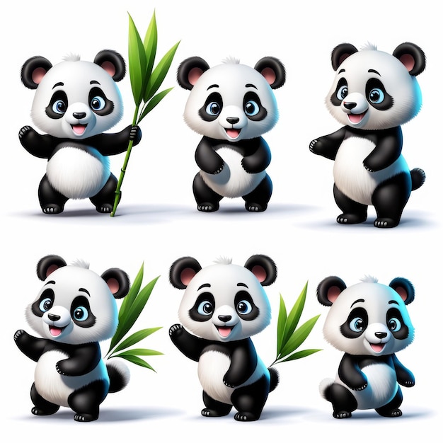 Cuatro pandas se muestran en una fila una de las cuales se llama panda