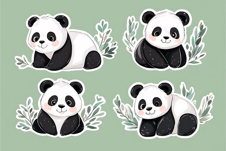Foto cuatro pegatinas de panda de dibujos animados en un fondo verde