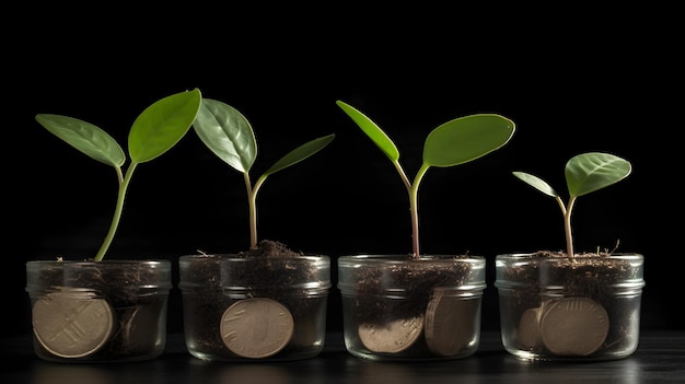 Cuatro pequeñas macetas de vidrio con las hojas de una planta con las hojas comenzando a crecer.