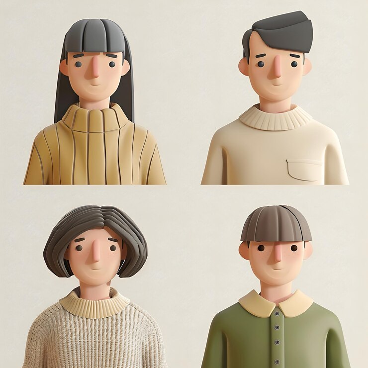 Cuatro personajes 3D distintos están diseñados en un diseño de cuadrícula que muestra su elegante suéter casual