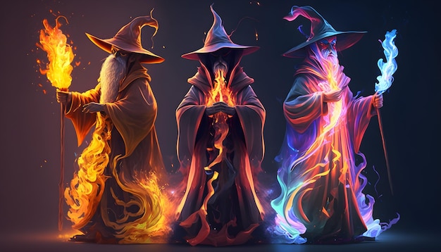 Los cuatro personajes magos del fuego.