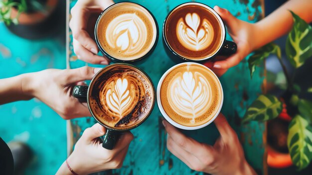 Foto cuatro personas están sosteniendo tazas de café con arte latte en ellas el fondo es una mesa azul la imagen es tomada desde arriba