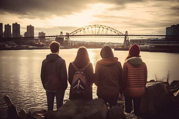 Cuatro personas mirando un puente sobre el agua.