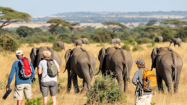 Foto cuatro personas en un safari en áfrica caminando en la hierba alta detrás de un oído de elefantes