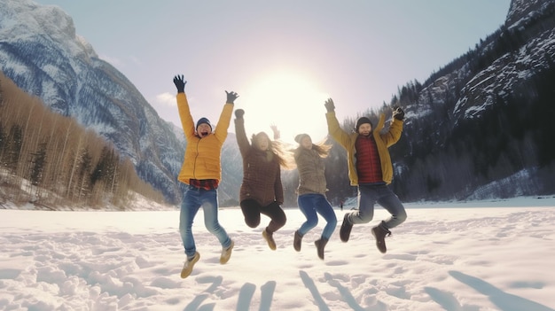 Cuatro personas saltando en la nieve.