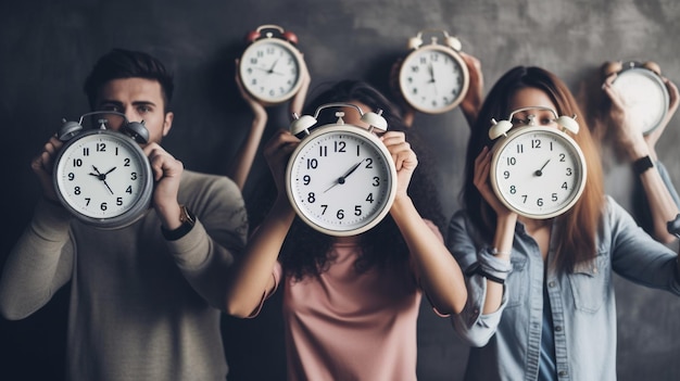 Foto cuatro personas sosteniendo relojes con el tiempo de 11: 30