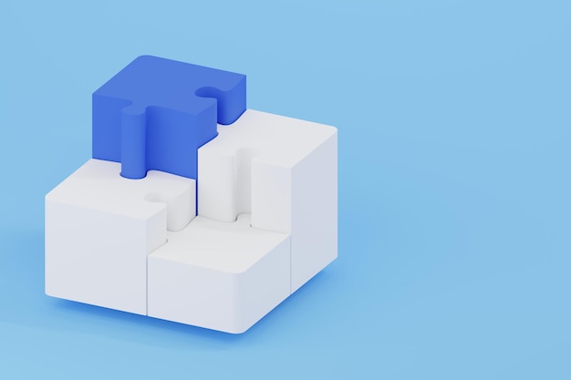 Cuatro piezas de rompecabezas blanco sobre fondo azul Trabajo en equipo construyendo su propio concepto de negocio Desajuste de pieza de rompecabezas Idea y éxito Ilustración 3D representada