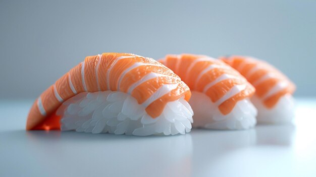Foto cuatro piezas de sushi con arroz sobre un fondo blanco