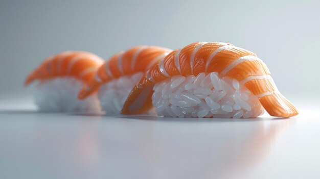 Foto cuatro piezas de sushi con arroz sobre un fondo blanco