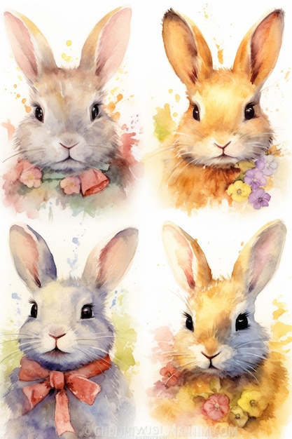 cuatro pinturas en acuarela de un conejo con una corbata de pollo generativa ai