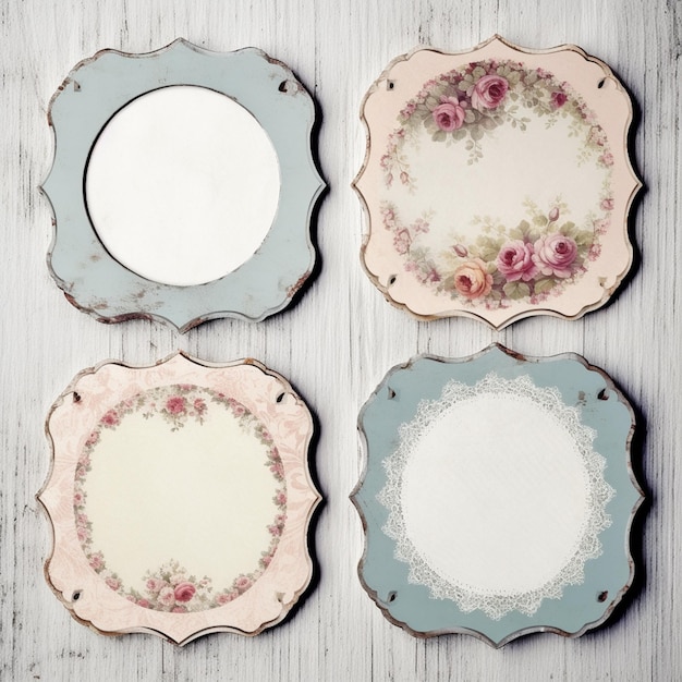 Foto cuatro platos con diseños florales están dispuestos sobre una mesa blanca ai generativo