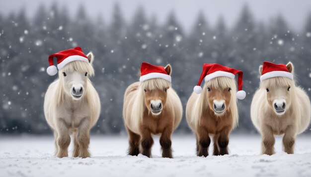 Cuatro ponis con sombreros de Papá Noel en la nieve