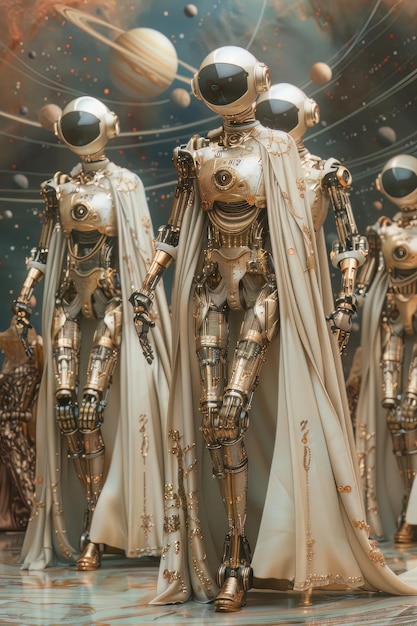 Cuatro robots dorados con túnicas blancas y ojos brillantes caminan frente a un telón de fondo espacial azul y púrpura