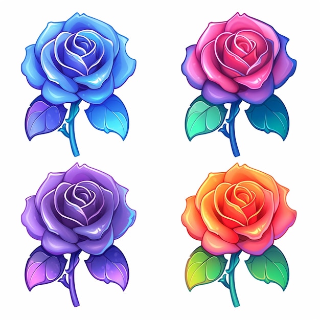 cuatro rosas de diferentes colores con hojas en un fondo blanco generativo ai