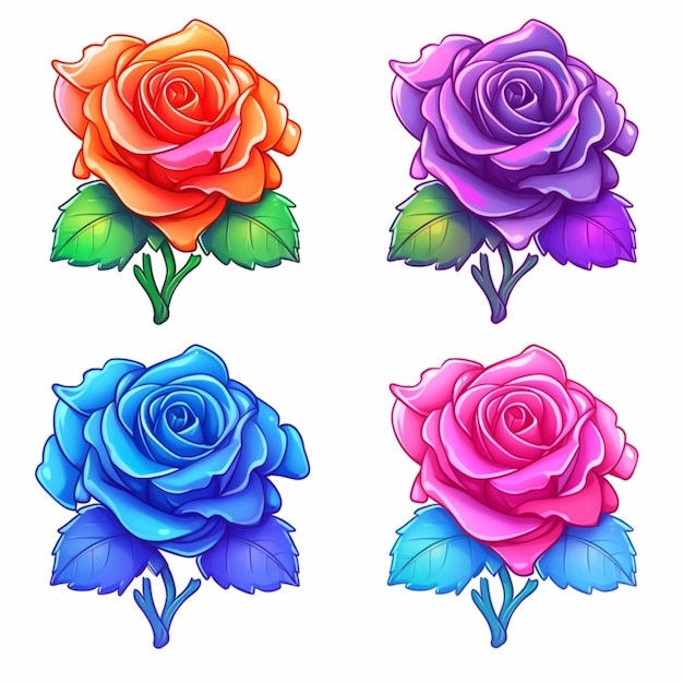 cuatro rosas de diferentes colores con hojas sobre un fondo blanco ai generativo