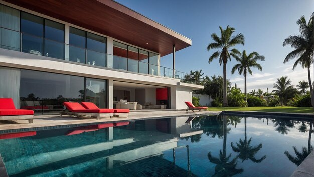 Foto cuatro sillas rojas junto a una piscina azul