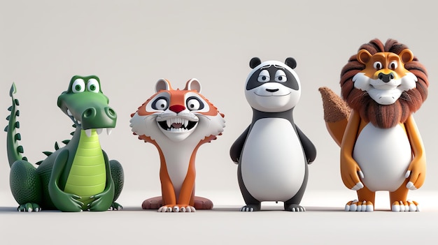 Cuatro simpáticos personajes de dibujos animados animales un cocodrilo verde un tigre marrón y naranja un panda blanco y negro y un león marrón con una melena amarilla son st