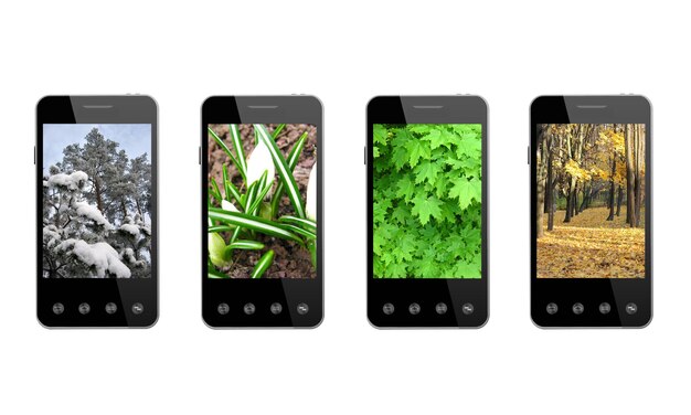 cuatro smartphones con imágenes coloreadas de estaciones aisladas en el fondo blanco