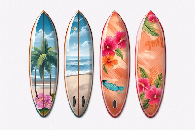 Cuatro tablas de surf sobre una ilustración de fondo transparente Ai generativa
