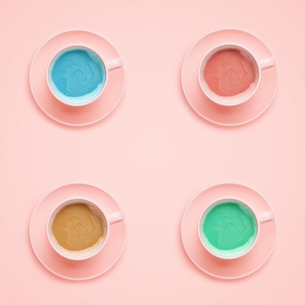 Cuatro tazas de café de diferentes colores. Estilo minimalista
