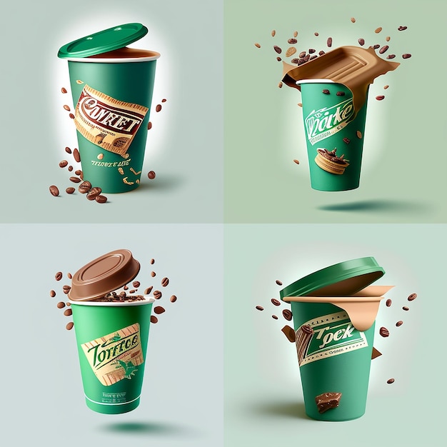 Cuatro tazas de café Starbucks verdes diferentes con las palabras café.