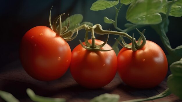 Cuatro tomates en una mesa con hojas verdes.