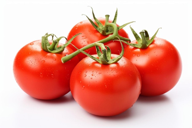 cuatro tomates rojos con tallos verdes en un fondo blanco